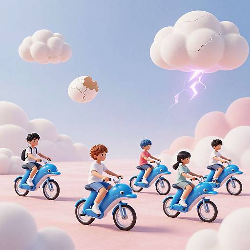 Digital illustration of five children riding blue toy motorcycles on a pink cloud-filled sky, with cracked clouds and a lightning bolt.