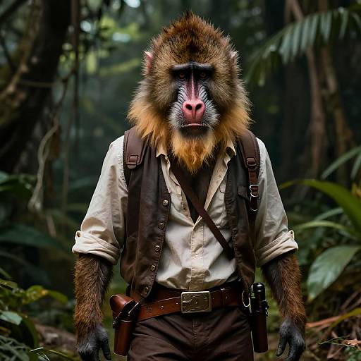 Photograph of a baboon anthropomorphized in jungle attire: white shirt, brown vest, belt, and holstered pistol, standing sternly