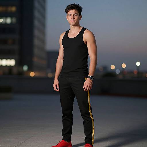 Photograph of a young, muscular man with short black hair, wearing a black tank top, black track pants with yellow stripes, and red sneakers,