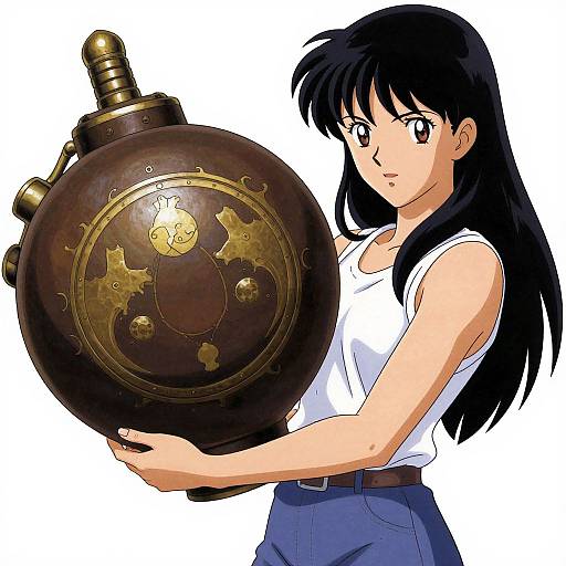 Anime-style drawing of a serious, black-haired girl in a white tank top and blue pants, holding a large, ornate, dark brown shield with