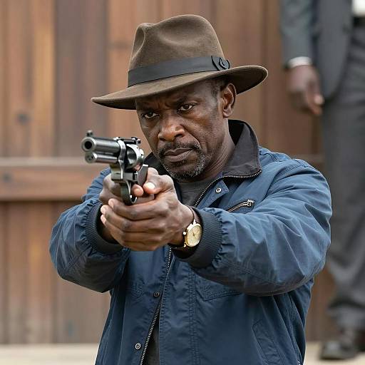 Man Aiming Revolver Against Wooden Background
