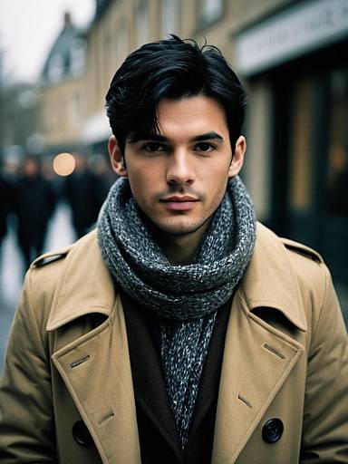 Young Man Wearing Trench Coat and Scarf Outdoors