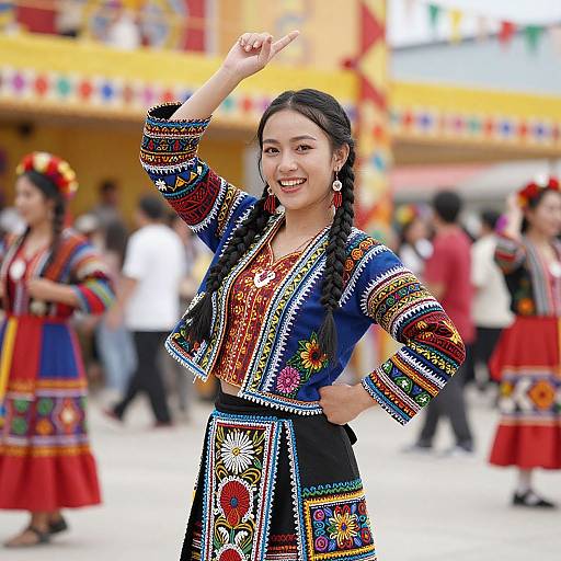 Photograph of smiling Asian woman in colorful embroidered traditional Mexican dress, arm raised, standing in festive outdoor market with blurred dancers and vibrant buildings in background.