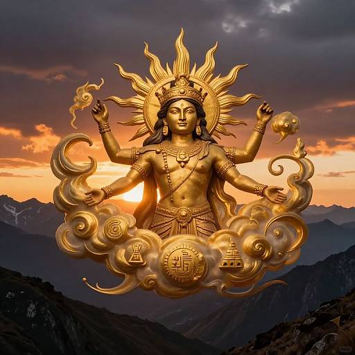 Digital artwork of a golden, multi-armed deity with a sun crown, floating among clouds, set against a dramatic sunset over mountains.