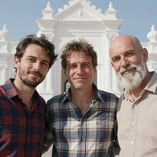 Three Men Posing Together Outdoors