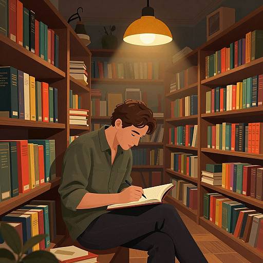 Digital illustration of a man with dark hair, wearing a green shirt and black pants, sitting in a library, writing in a notebook under a warm hanging