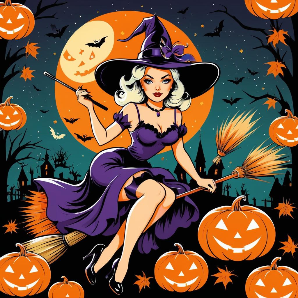 Vintage Pin-Up Witch Halloween Illustration