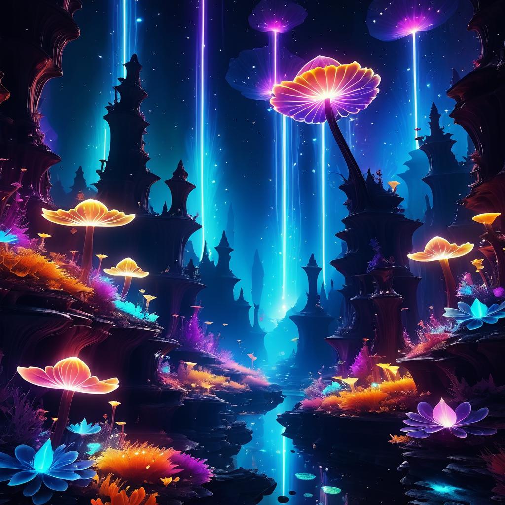 Surreal Neon Mushroom Landscape with Phoenix