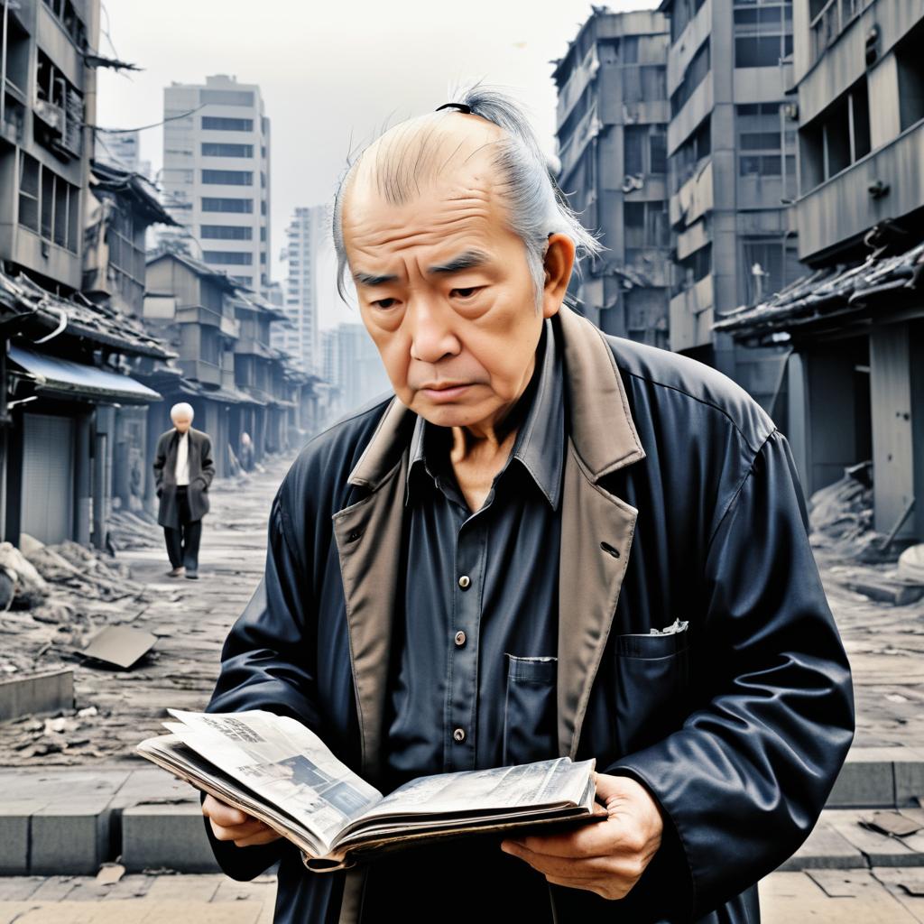 Elderly Man in Devastated Cityscape