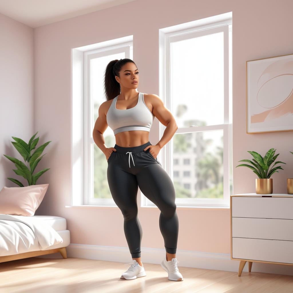 Timid Fitness Girl in Bedroom Pose