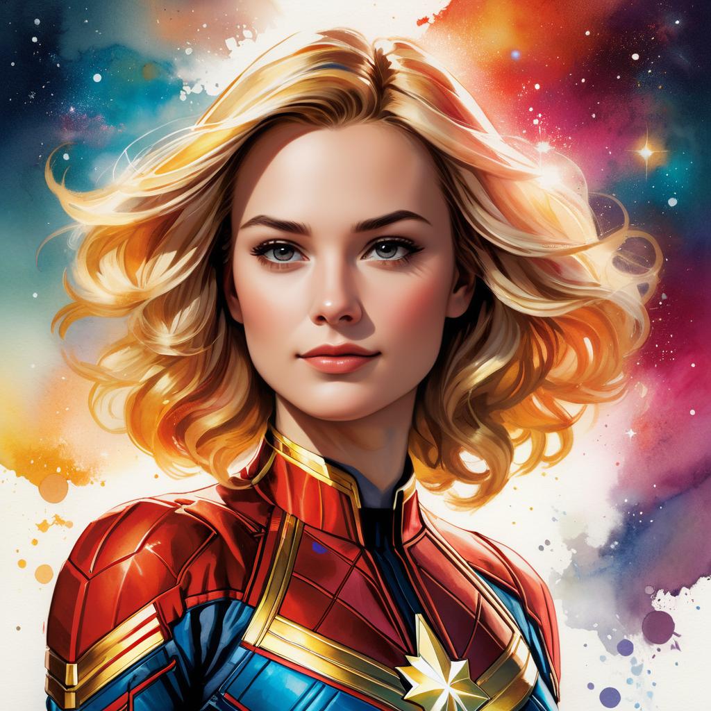 Vibrant Captain Marvel Portrait in Watercolor