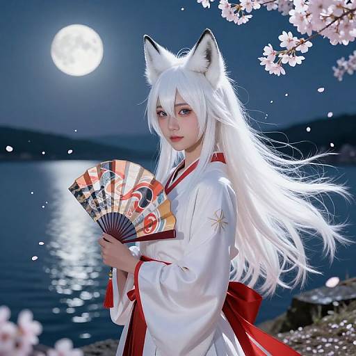 Cosplay photograph of a young woman with white fox ears, long white hair, and red eyes, wearing a white kimono, holding a fan,