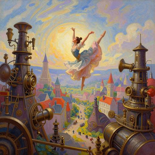 Whimsical digital painting of a dancing girl in a flowing dress jumping between colorful, steampunk-inspired buildings and a vibrant, fairy-tale city