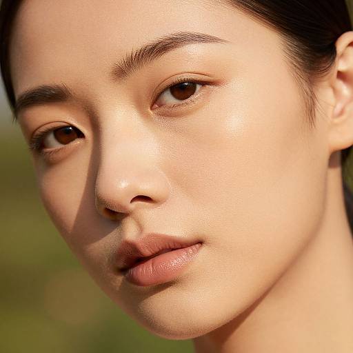 Close-up photograph of an Asian woman with smooth, light skin, brown eyes, and subtle smile, natural light highlighting her face, blurred green background.
