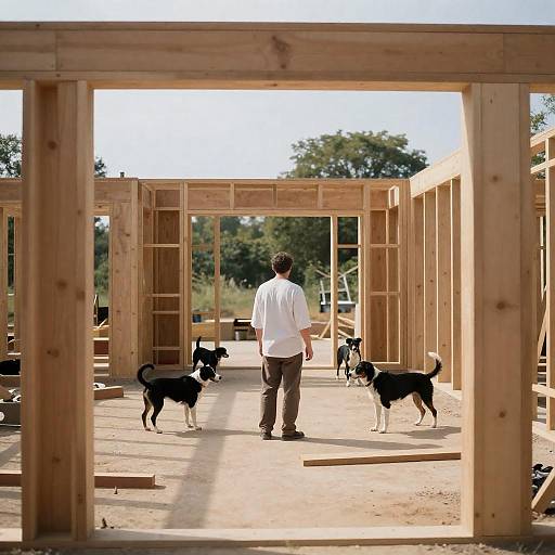 Worker Amid Wooden Beams and Dogs