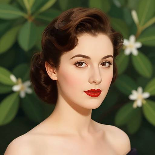 Digital art of a fair-skinned woman with red lipstick, dark wavy hair, and bare shoulders, set against a green leafy background with white