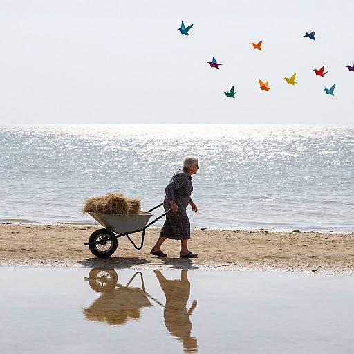 Elderly man in dark clothing pushes wheelbarrow with hay on beach, reflected in water, colorful butterflies fly above. Photograph.
