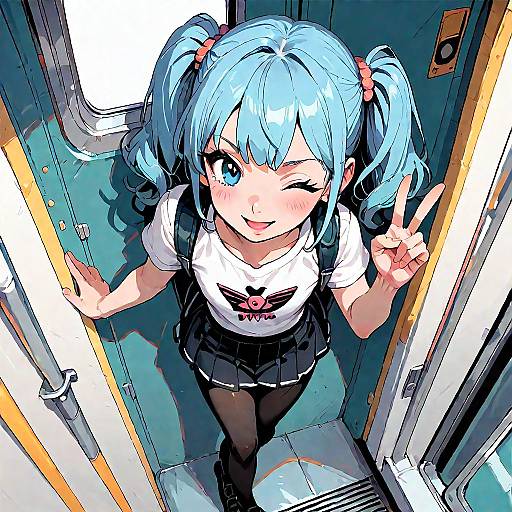 Tiny Girl on Train in Playful Pose