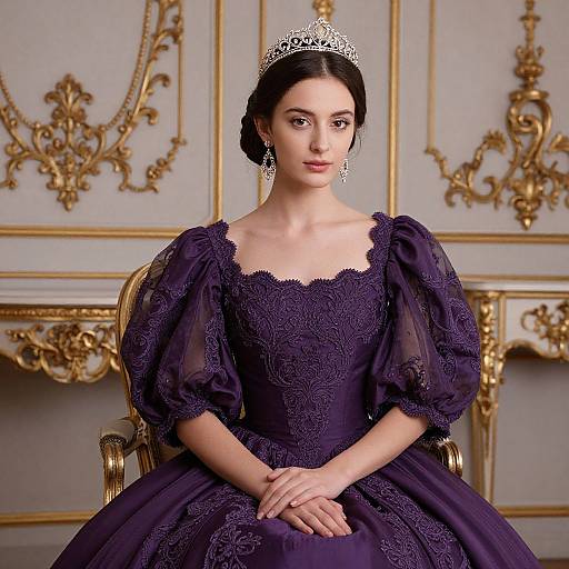 Photograph of a fair-skinned woman with dark hair in an ornate silver tiara, wearing a detailed, deep purple, lace gown with p