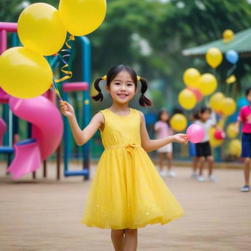 Smiling Vietnamese Girl in Yellow Dress with Balloons