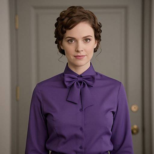 Photograph of a fair-skinned woman with dark, wavy hair in an updo, wearing a deep purple, buttoned blouse with a bow