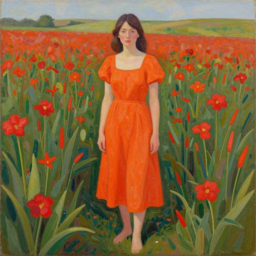 Oil painting of a fair-skinned woman with brown hair in an orange dress standing barefoot in a vibrant red poppy field.