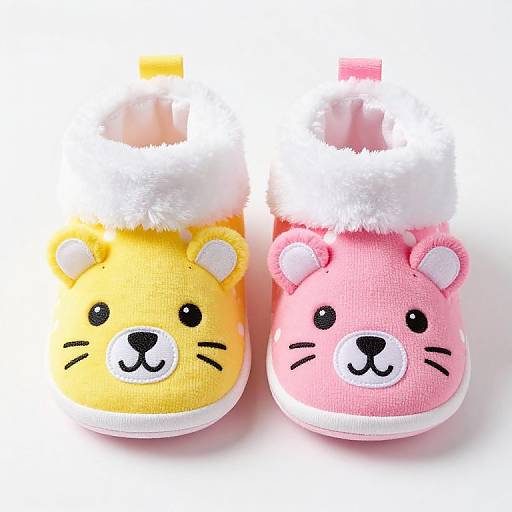 Photograph of cute, knitted baby shoes shaped like yellow and pink bears, with white pom-poms and simple black whiskers.