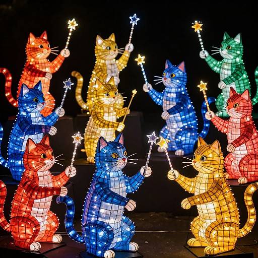 Vibrant LED light sculpture of whimsical, colorful cats holding star-tipped wands, arranged in a magical, festive group display.
