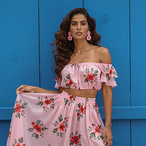 Woman in Pink Floral Two-Piece Outfit Against Blue Wall