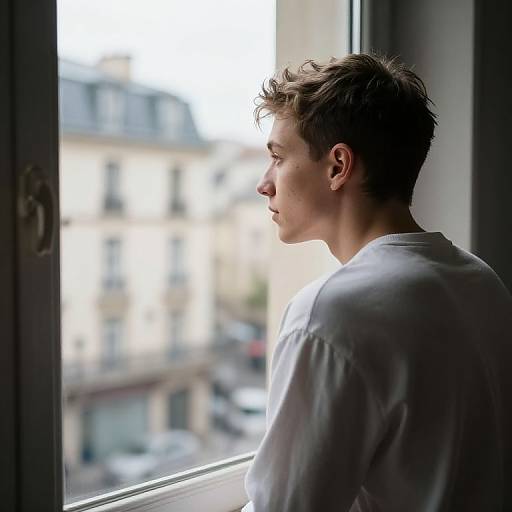 Photograph of a young, light-skinned man with short, tousled brown hair, wearing a white shirt, gazing out a window, with