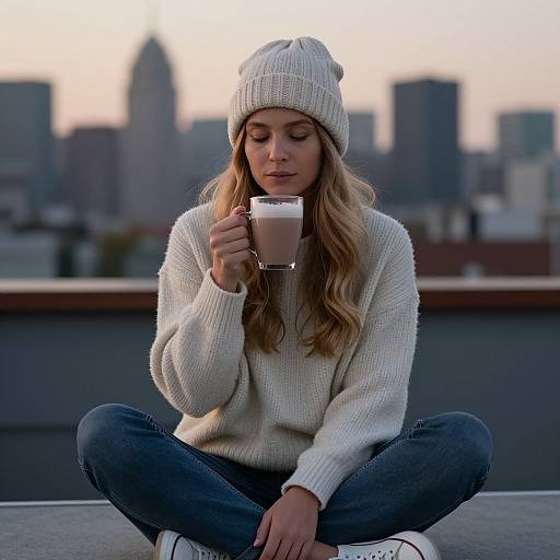 Photograph of a blonde woman in a white knit beanie, sweater, and jeans, sitting cross-legged on a rooftop, sipping a latte