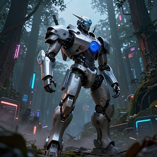 Digital artwork of a futuristic silver robot with glowing blue accents standing in a misty, neon-lit forest, surrounded by glowing panels and tall trees.