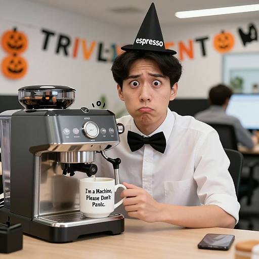 Photograph of a surprised Asian man in a white shirt and black bow tie, wearing a 