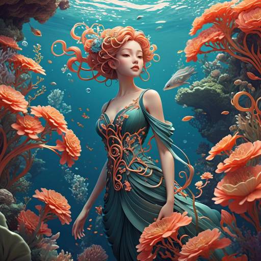 Anime Character in Art Nouveau Underwater Scene