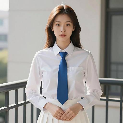 Asian Woman in White Shirt and Blue Tie on Balcony