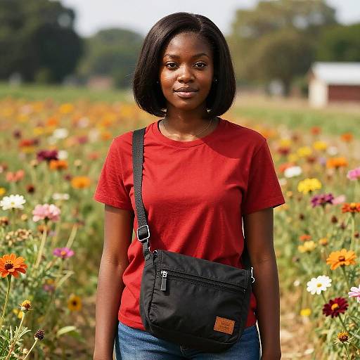 Black Girl with Red Shirt in Flower Field