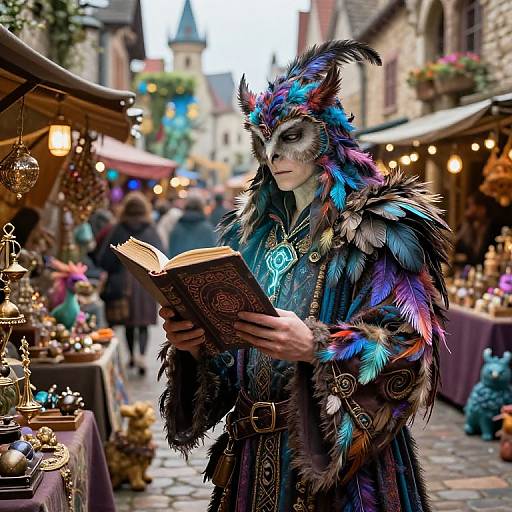 Fantasy marketplace scene: Elven figure with vibrant, multicolored feathered mask and cloak reads an ornate book amidst stalls, glowing blue pendant