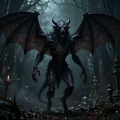 Digital artwork of a terrifying, dark, demonic creature with large wings, sharp claws, and horns, standing in a misty, forested night.