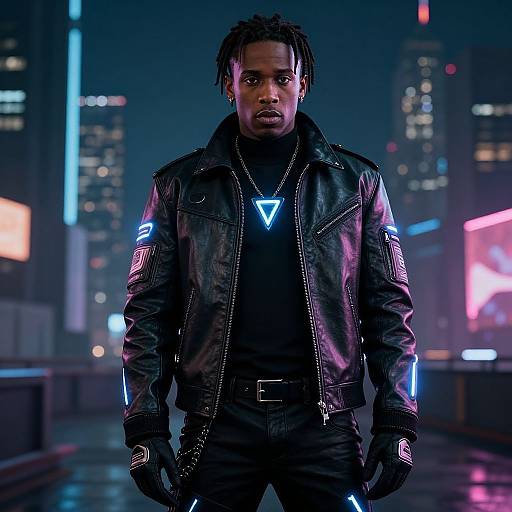 Photograph of a Black man with dreadlocks wearing a black leather jacket, black shirt, and gloves, standing in a neon-lit cityscape at