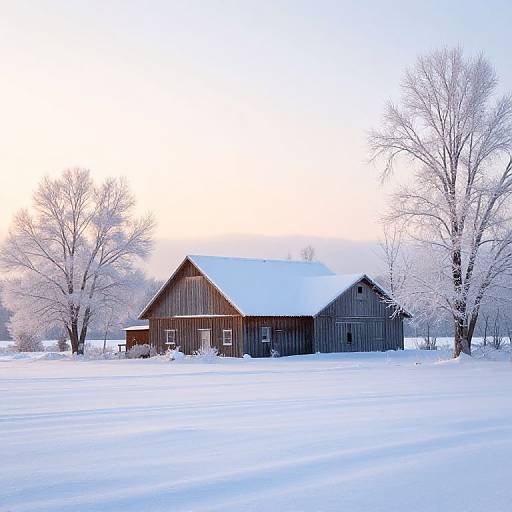 Photograph of a rustic, wooden barn and house covered in snow, surrounded by snow-laden trees at sunrise with a pastel sky.