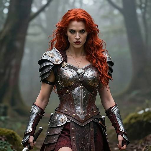 Photorealistic CGI of a fierce, red-haired woman with intense gaze, wearing dark, ornate medieval armor, standing in a misty forest.