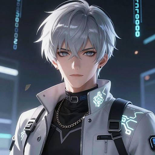 Futuristic Anime Boy with Silver Hair