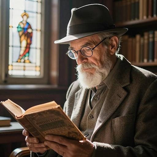 Elderly Man Reading Vintage Book in Library