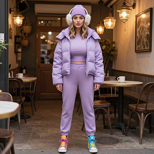 Photograph of a young woman in a cozy café, wearing a lavender puffer jacket, matching pants, and colorful sneakers, with a white fur hat