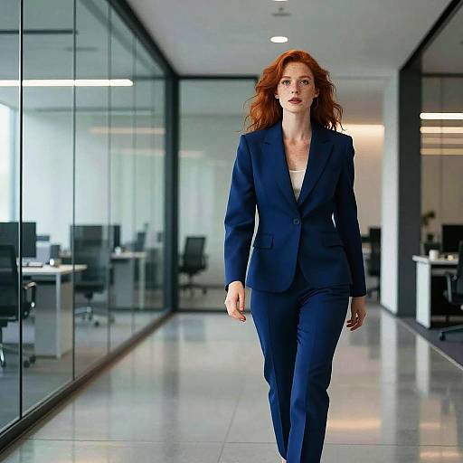 Confident Red-Haired Businesswoman in Navy Blue Suit