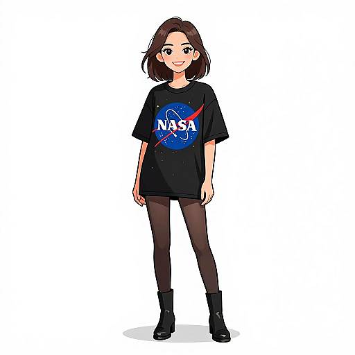 Digital anime-style drawing of a smiling young woman with brown hair, wearing a black NASA t-shirt, black leggings, and black ankle boots. White background