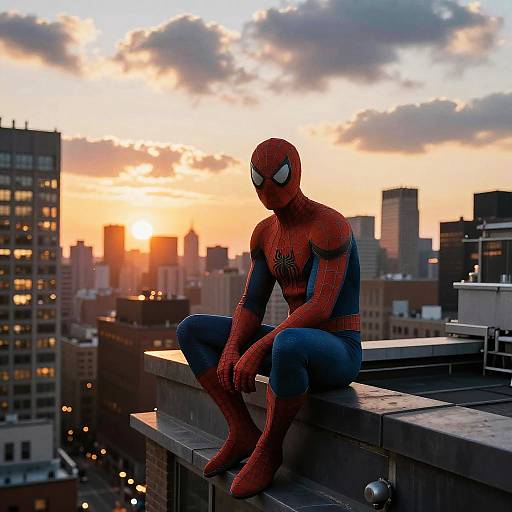 Photorealistic digital art: Spider-Man in red and blue suit, sitting on rooftop at sunset, city skyline with scattered clouds in background.