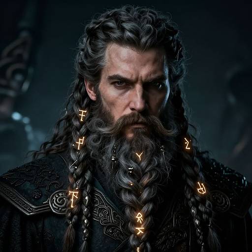 Photorealistic digital artwork of a fierce, dark-haired man with a long braided beard adorned with glowing runes, wearing an intricately detailed black robe