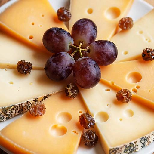 Photograph of a cheese plate with sliced cheddar, a cluster of purple grapes, and scattered raisins, arranged in a radial pattern.