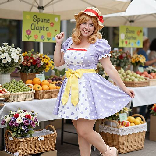 Photograph of a cheerful red-haired woman in a white polka dot dress, yellow bow, and straw hat, smiling at a vibrant outdoor market stand